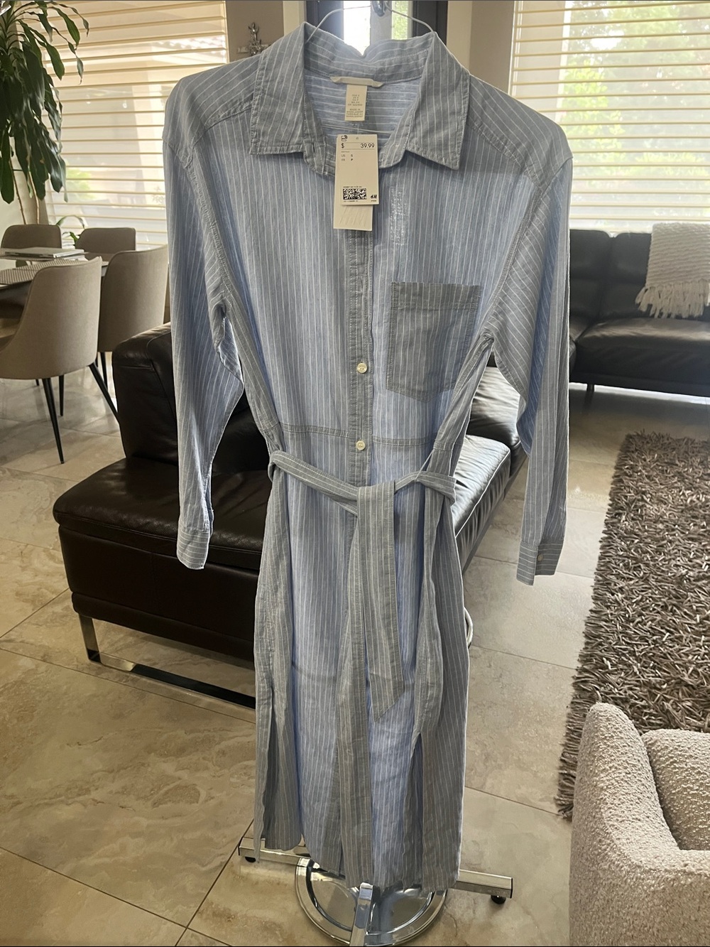 H&M Light Blue & White Striped Midi Shirt Dress with Waist Tie